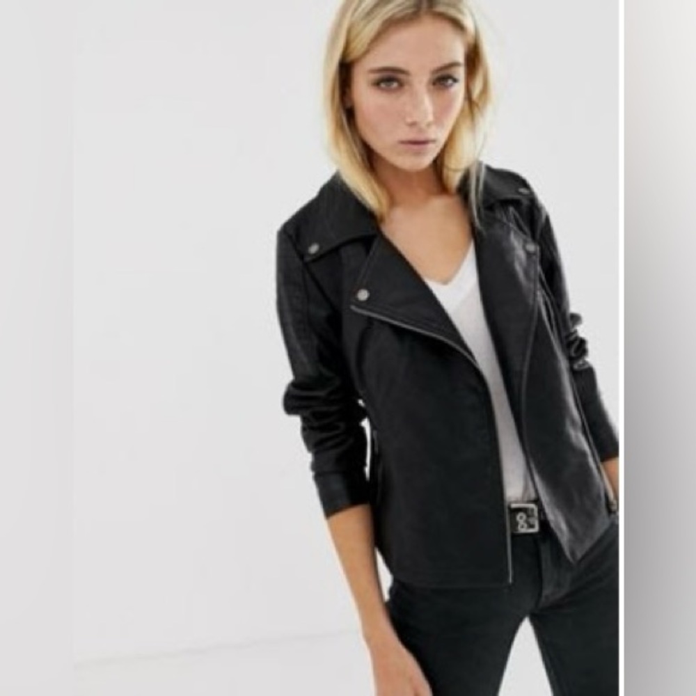 Faux leather biker jacket in black. Size Small.